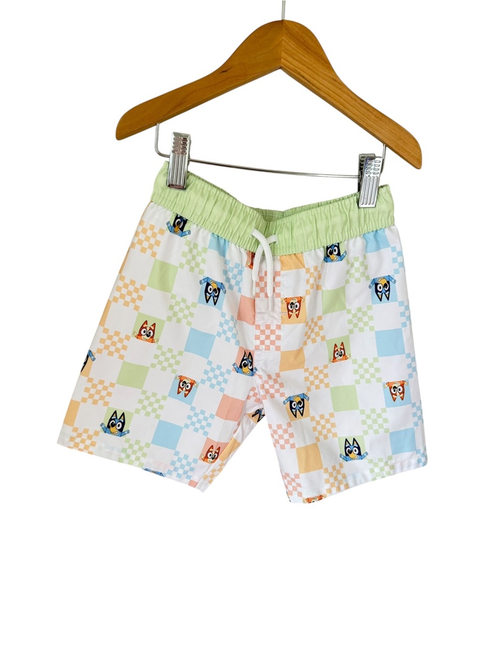 Bluey Kids Pastel Check Swim Trunks with Light Green Waistband